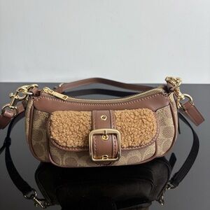 Coach Ashton Series Leather And Fur Patchwork Monogram Shoulder Bag